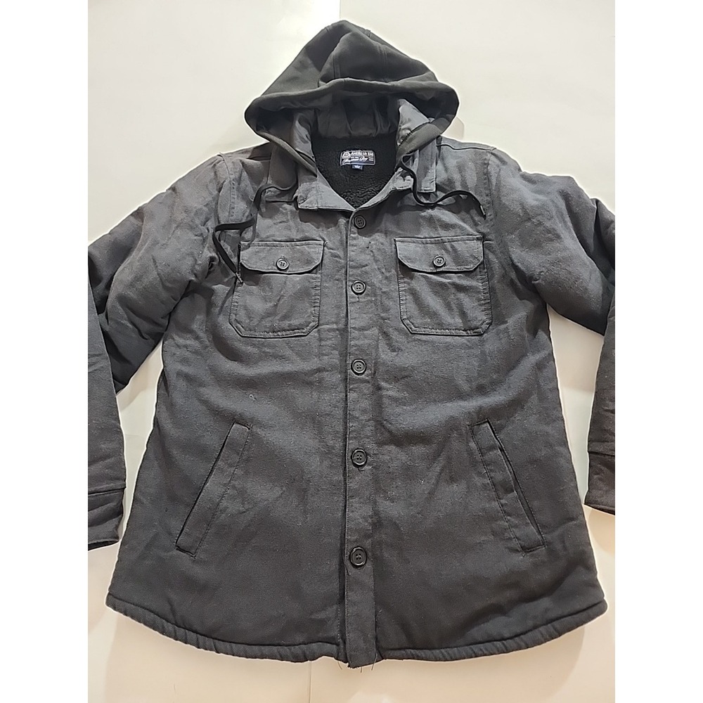 American Rag Men's Button-Up Gray‎ Hooded Jacket Size Large Pockets Long Sleeve - Picture 2 of 8